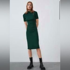 Zara Trafaluc Ribbed Mock Neck Long Dress in Green